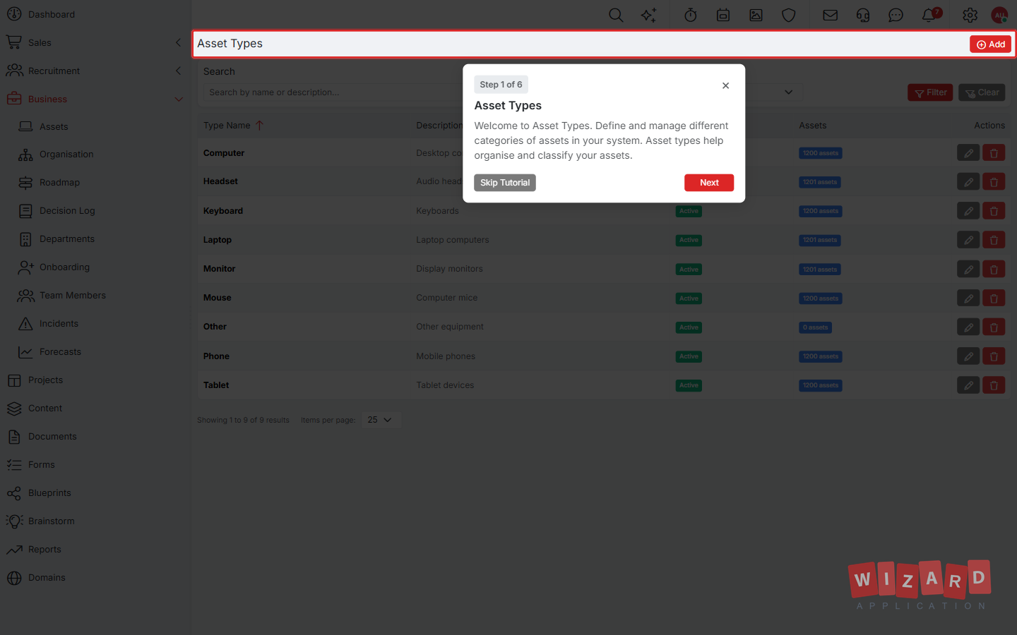 Wizard Application asset management screenshot