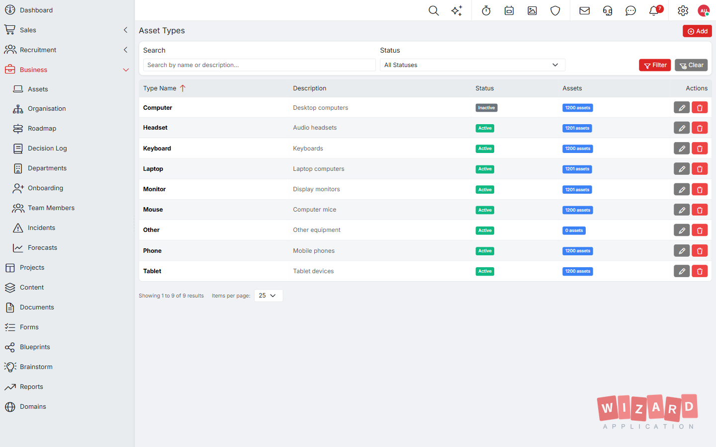 Wizard Application asset management screenshot