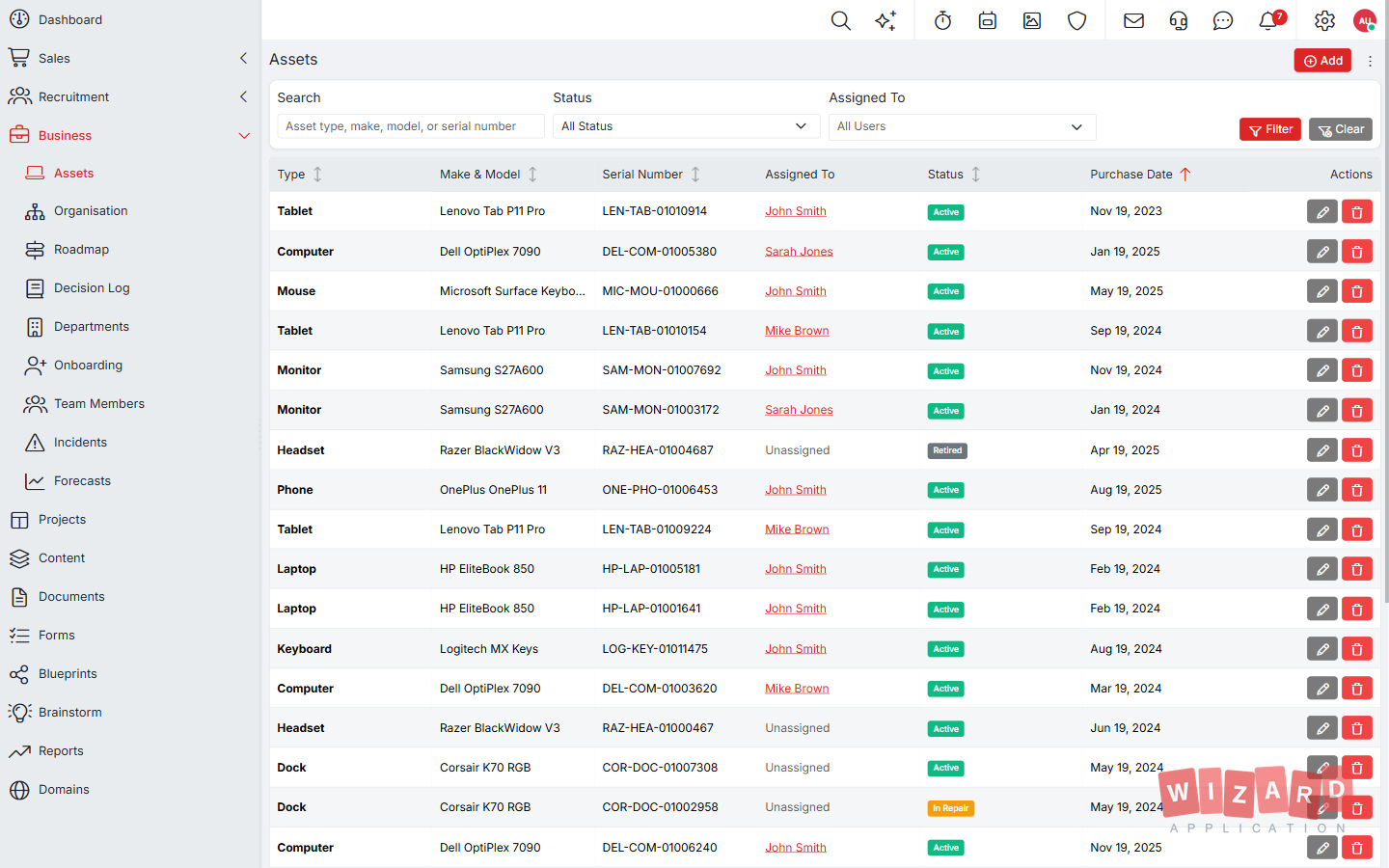 Wizard Application asset management screenshot