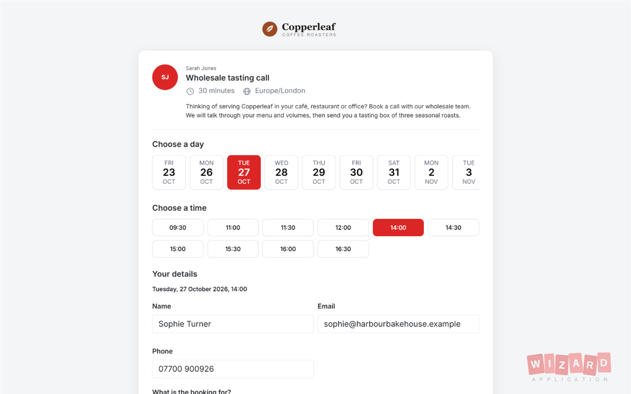 Booking page showing open days and times for a wholesale tasting call