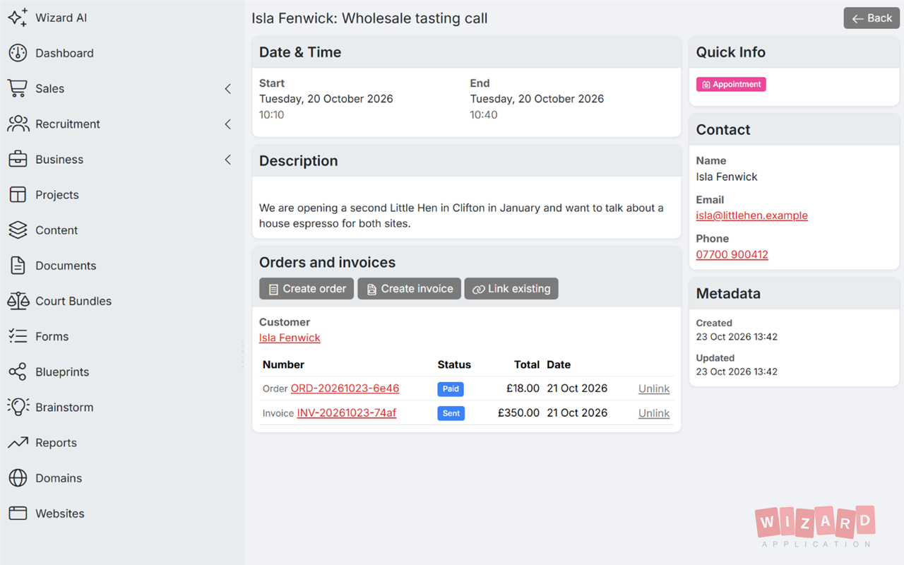 A booking with its linked order and invoice