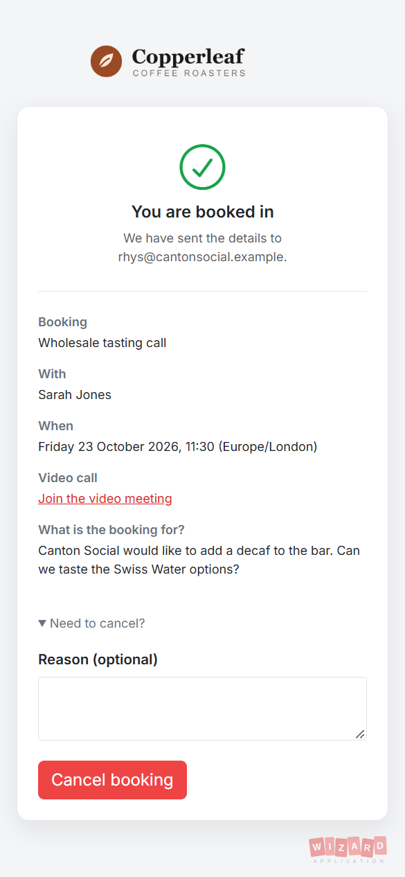 Booking confirmed on a phone with the video call link