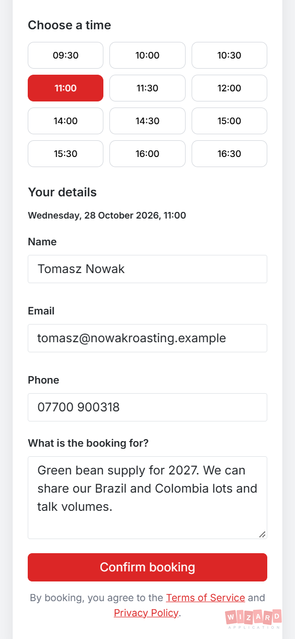Booking page on a phone with a time chosen and the details filled in