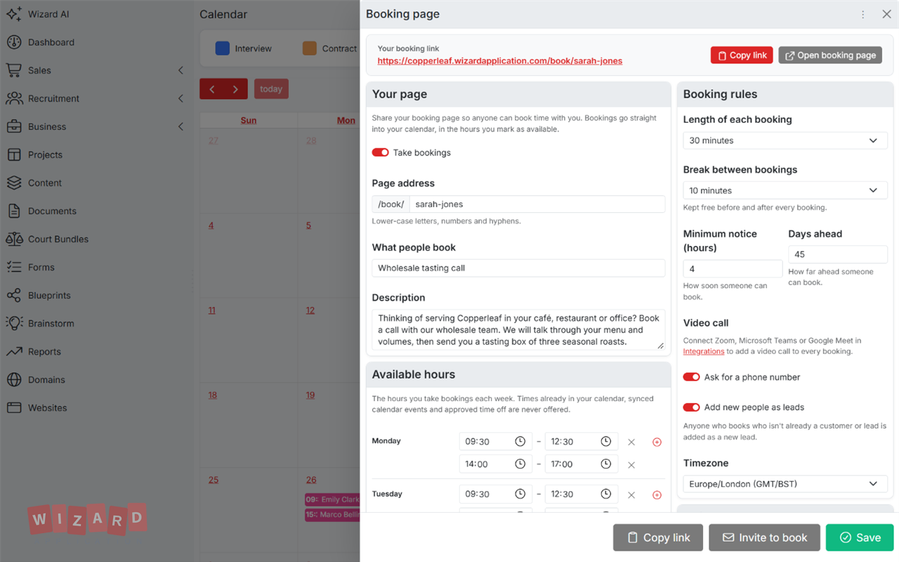 Booking page settings with the booking rules and the share link