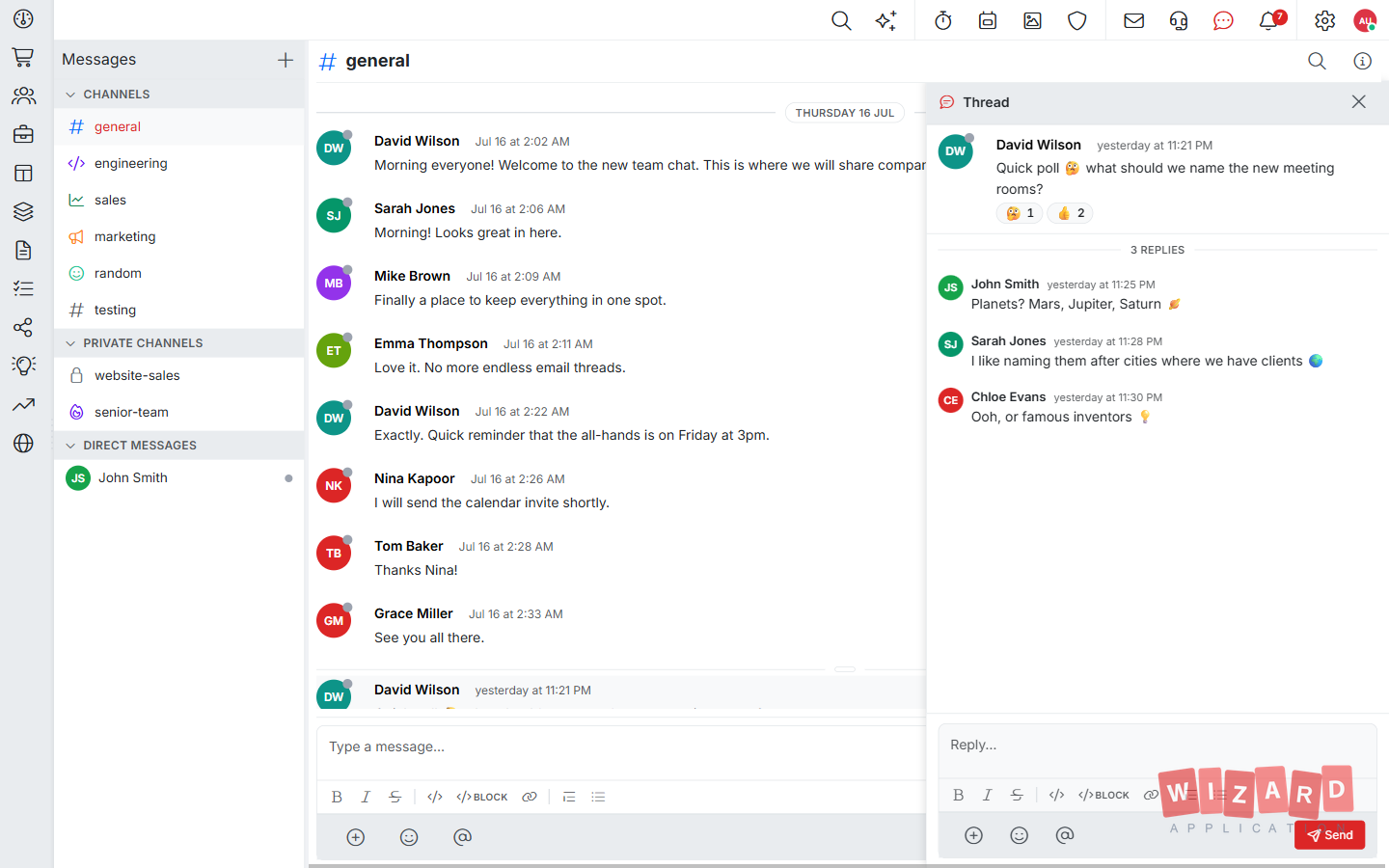Wizard Application team chat screenshot