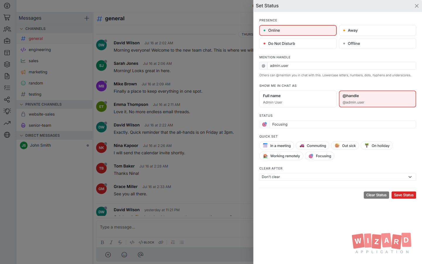 Wizard Application team chat screenshot