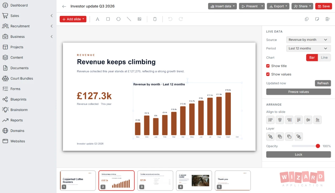Pitch deck editor showing a live revenue by month chart with the live data panel open