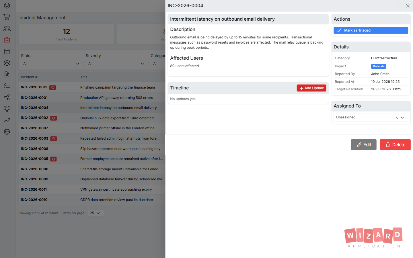 Wizard Application incident management screenshot