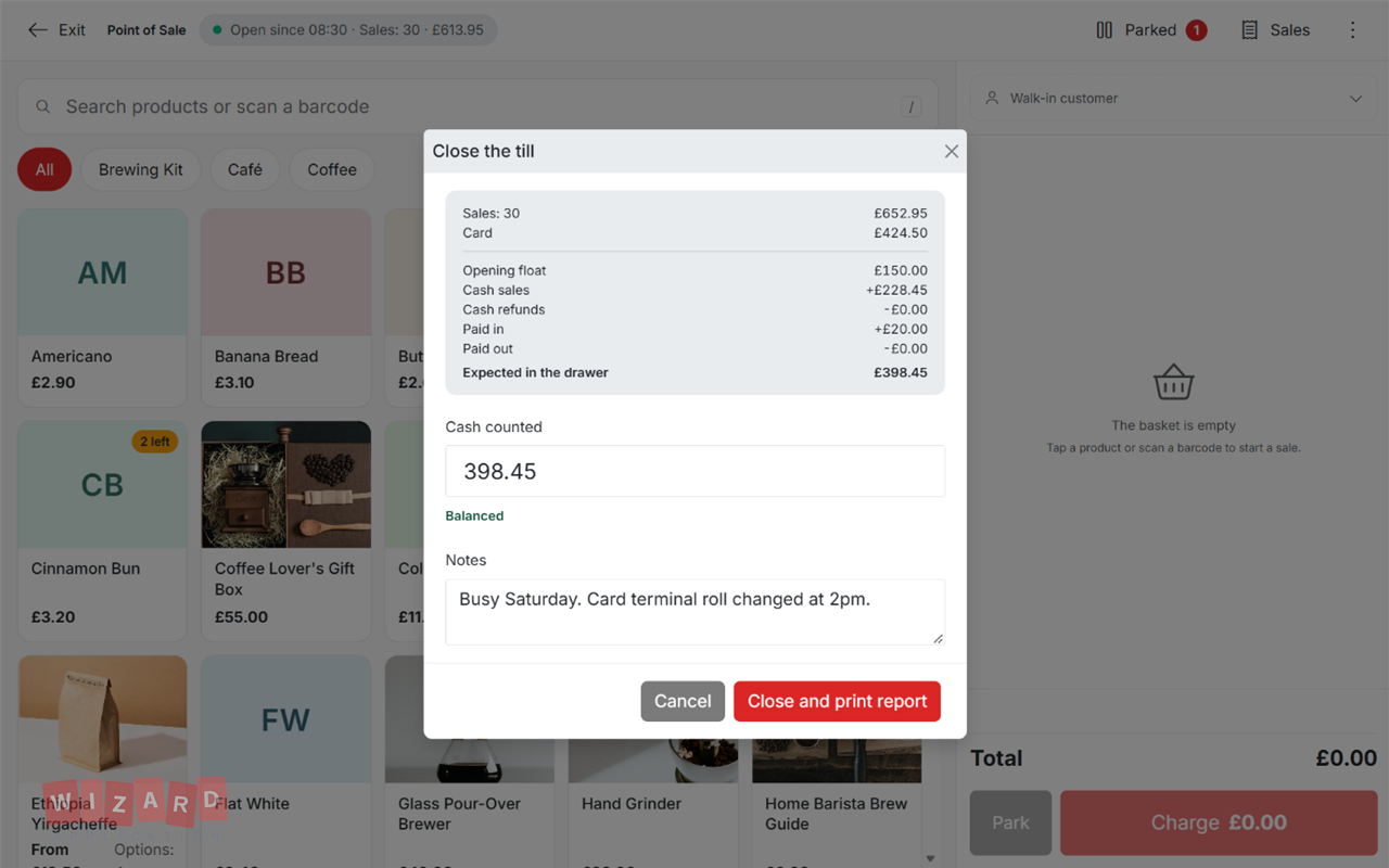 Closing the register with expected and counted cash side by side