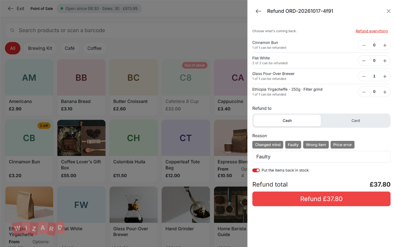 Refunding one item from a sale and returning it to inventory