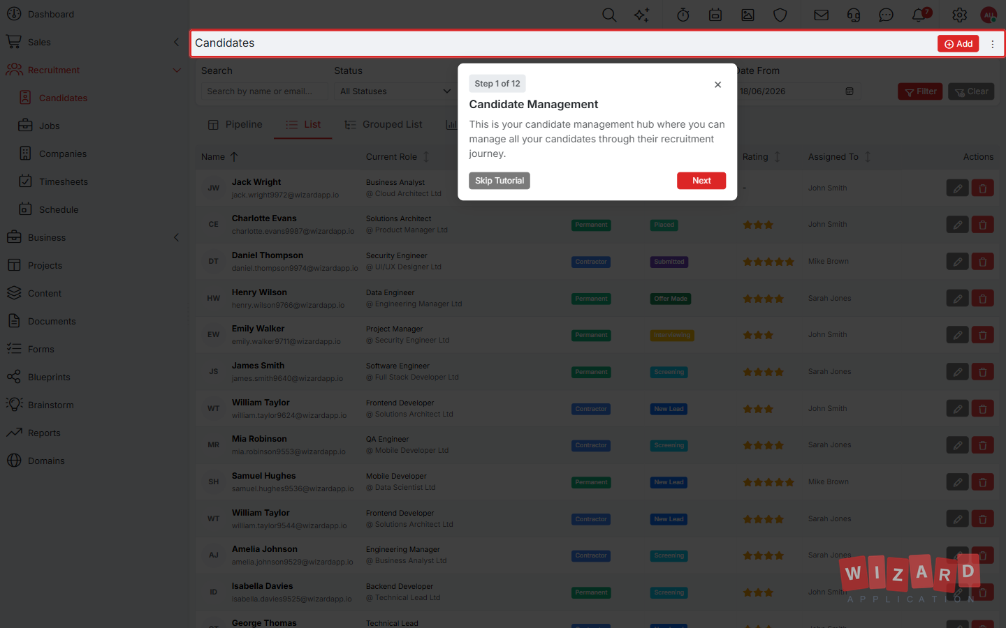 Wizard Application recruitment screenshot