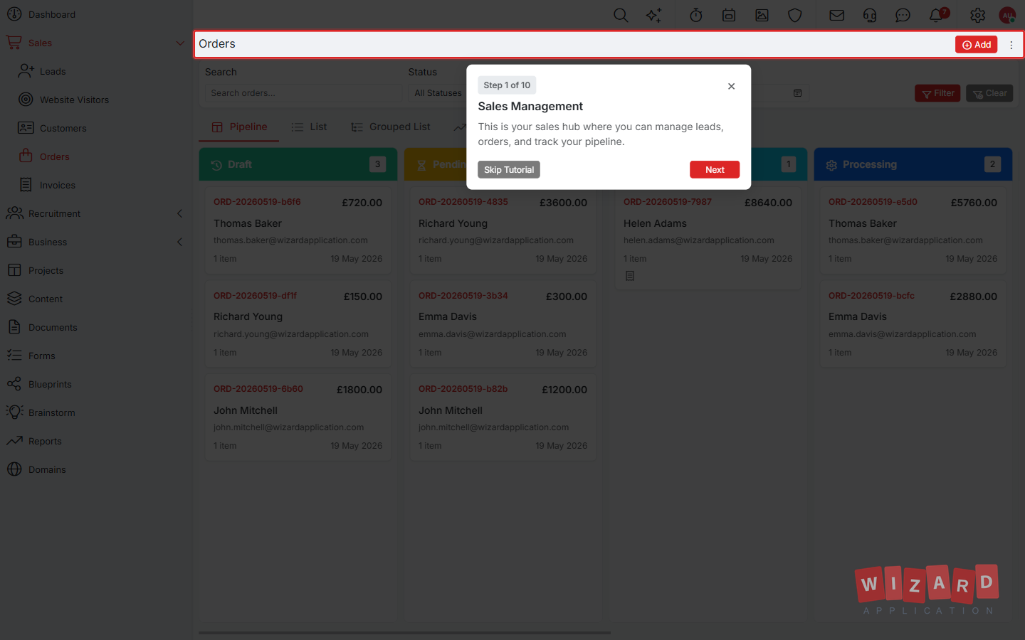 Wizard Application sales screenshot