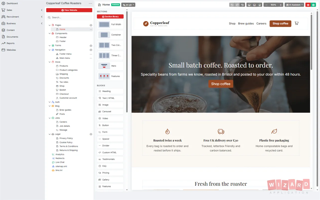 The website builder editing a coffee roaster's homepage