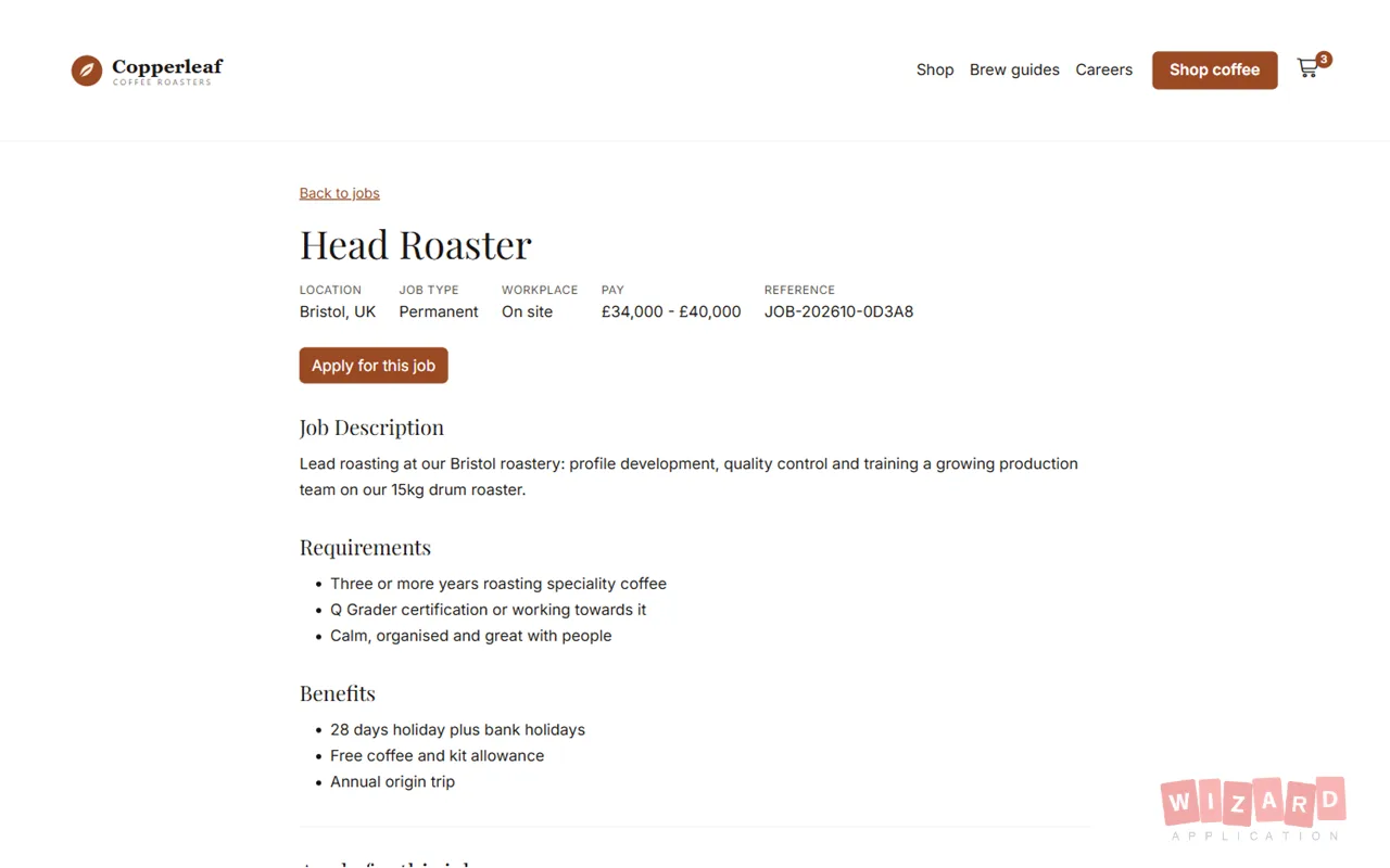 A job opening on a company website