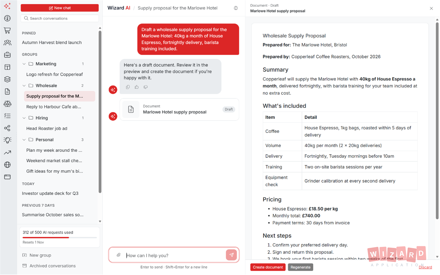 A draft supply proposal open beside the Wizard AI chat