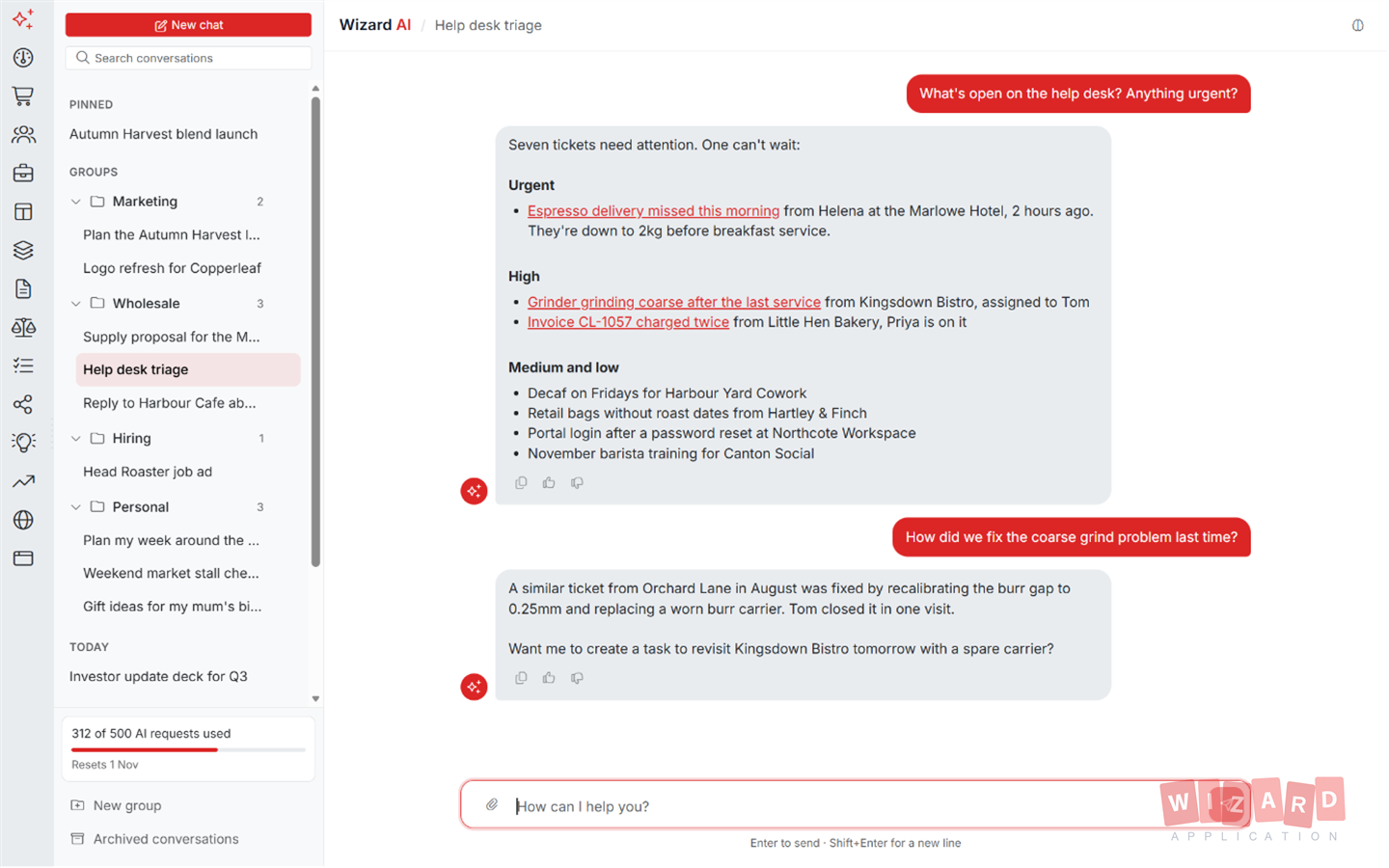 Wizard AI sorting open help desk tickets by urgency