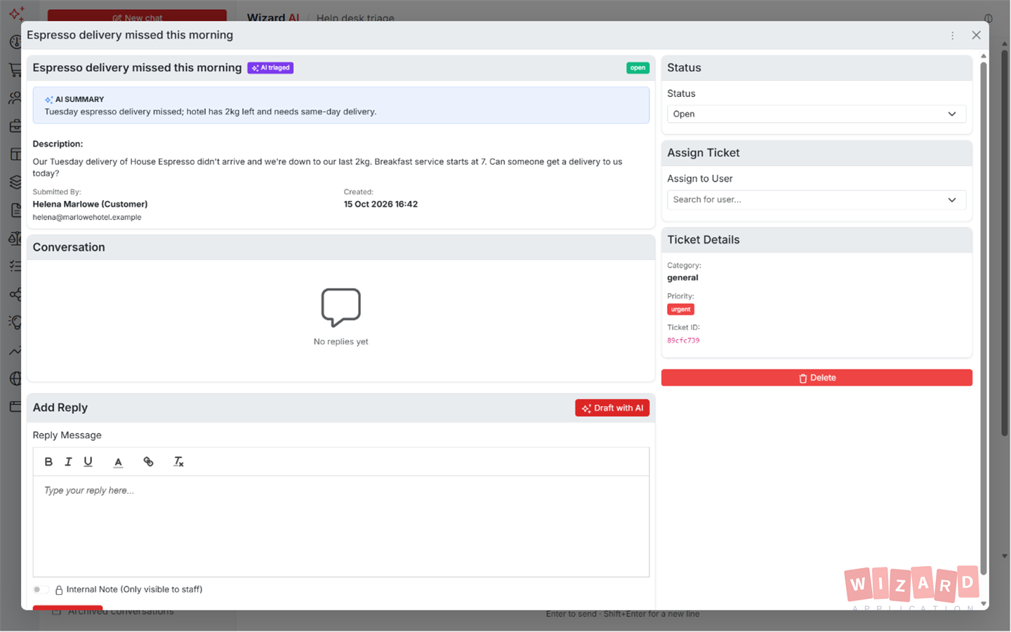 A help desk ticket opened from a link in a Wizard AI reply