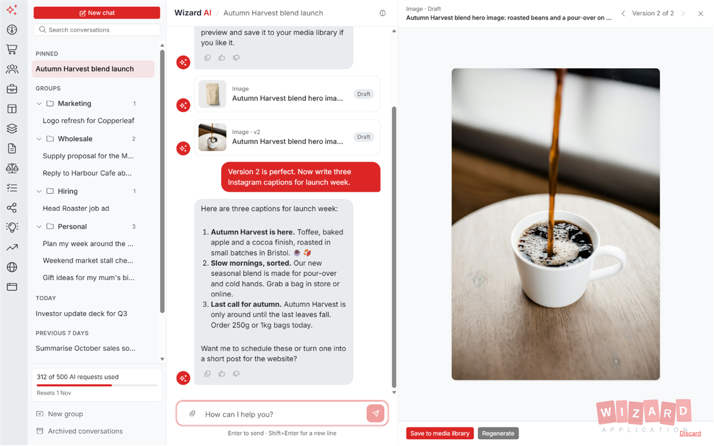 Wizard AI with a draft product photo open beside the chat