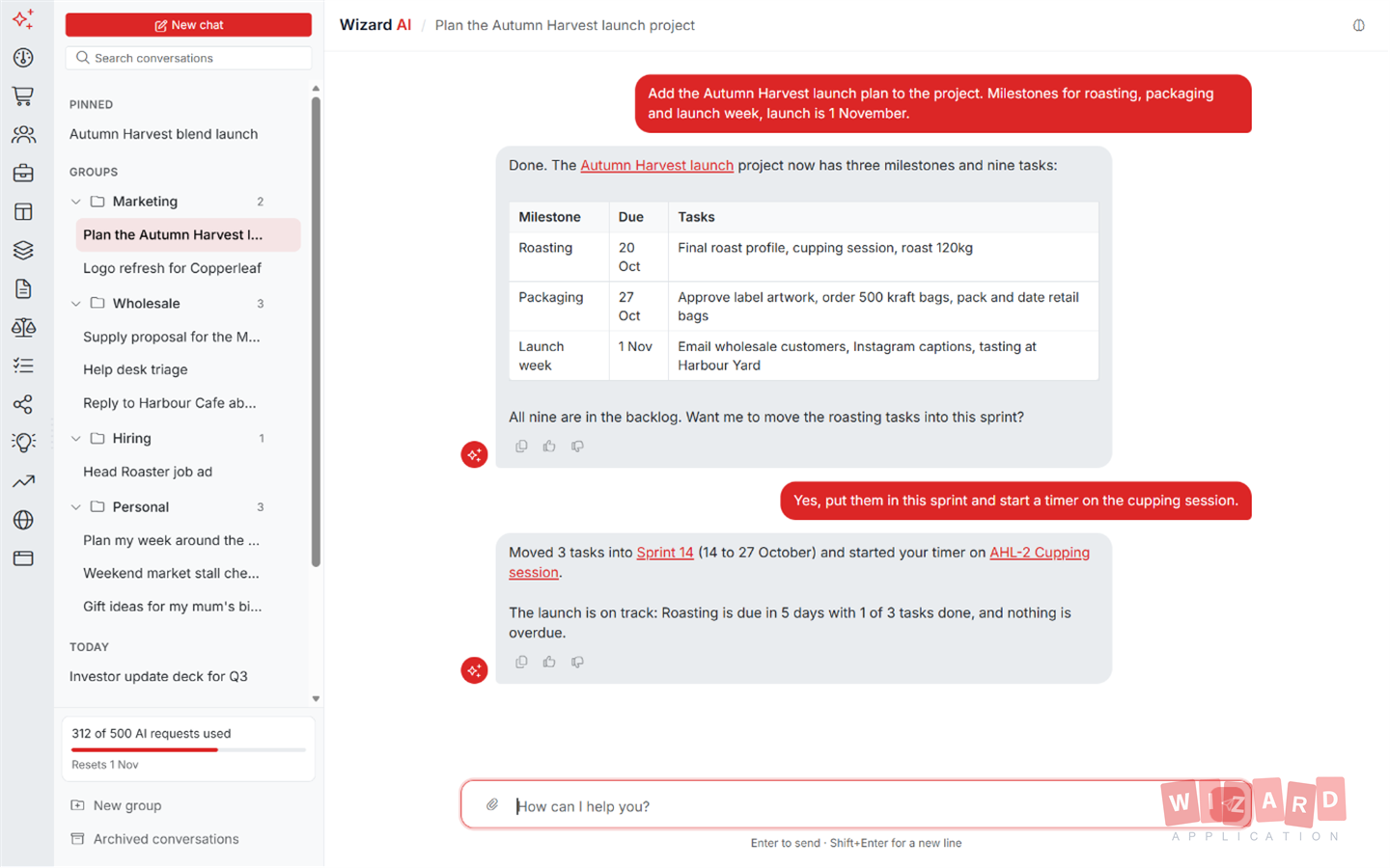 Wizard AI adding milestones and tasks to a project